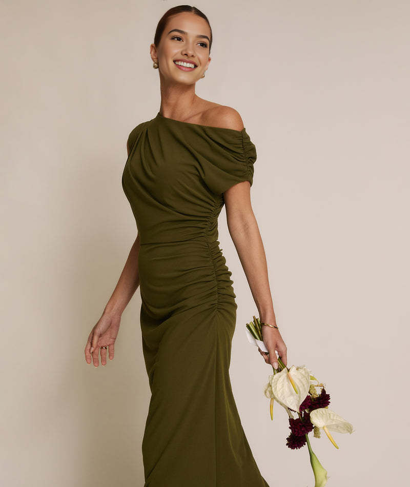 Elegant One-Shoulder Draped Maxi Dress Asymmetric Neck Stretch Fabric Bridesmaid Dress
