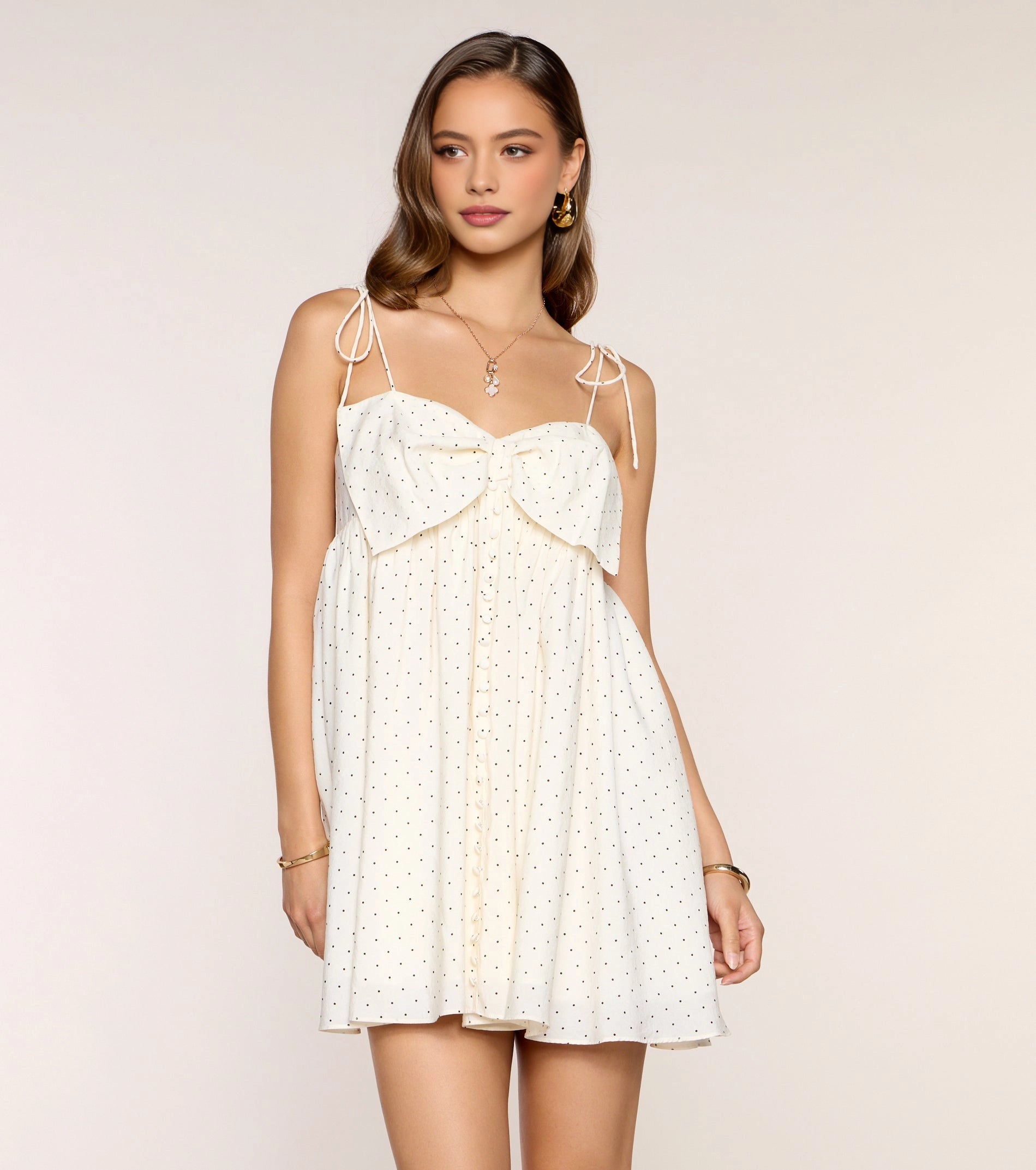 Vedress cream polka dot bow front tie strap a-line mini homecoming dress front view teen girls