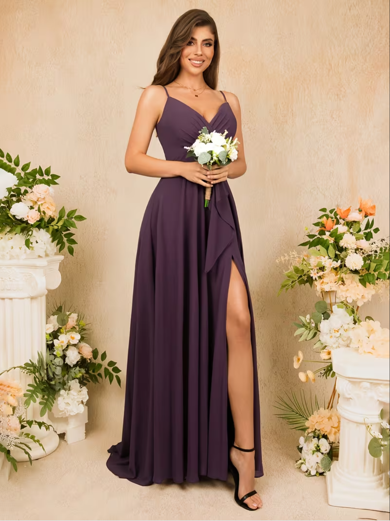 Vestido largo elegante con tirantes finos, cuello en V pronunciado y abertura para mujer, vestidos de noche formales, vestidos de dama de honor