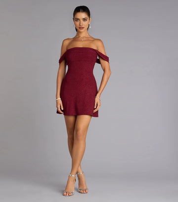 Emerald Glitter FitFlare OffShoulder PlainBack Ruched Mini Homecoming Dress