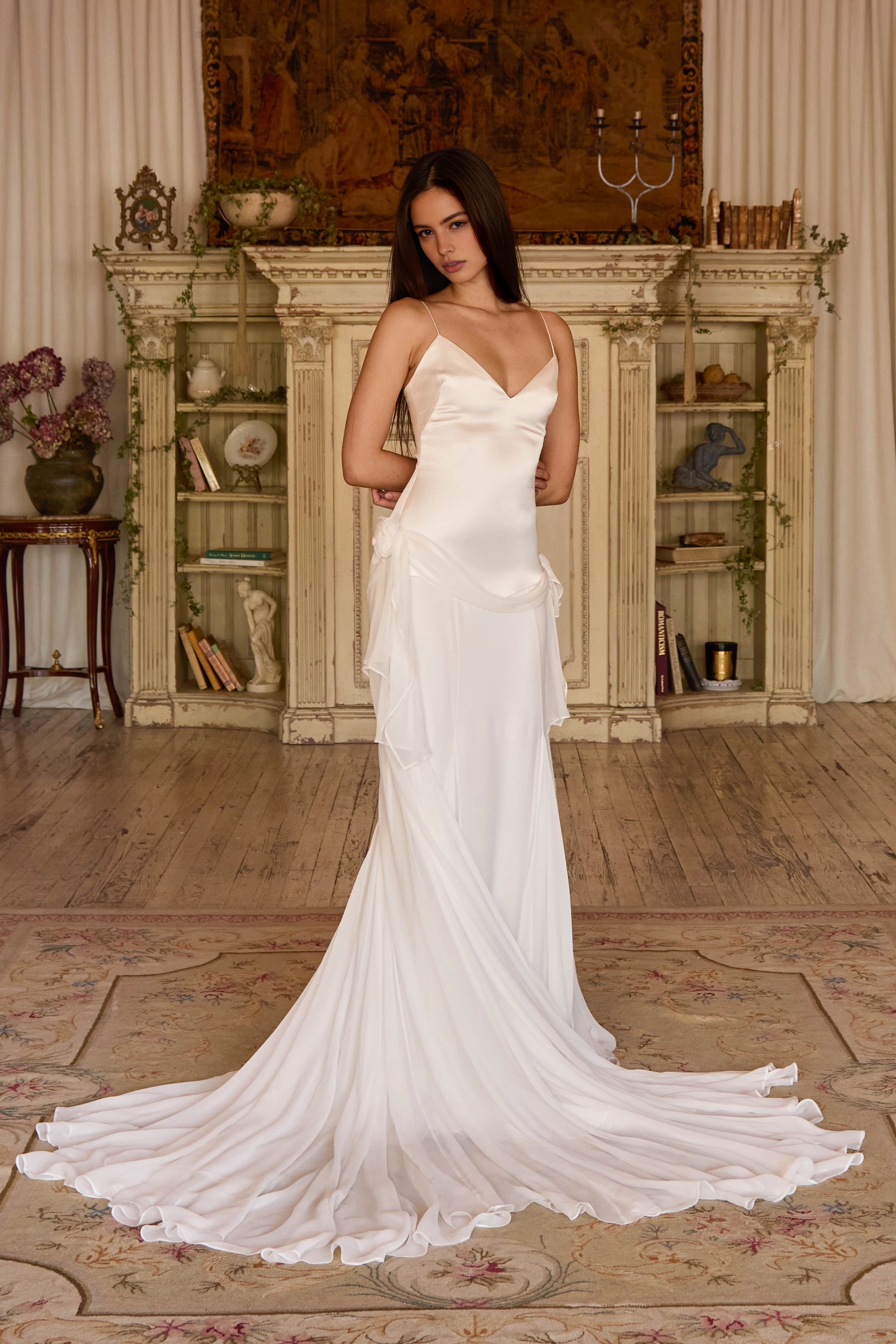 Vedress white satin chiffon v‑neck mermaid prom dress front view with waist sash