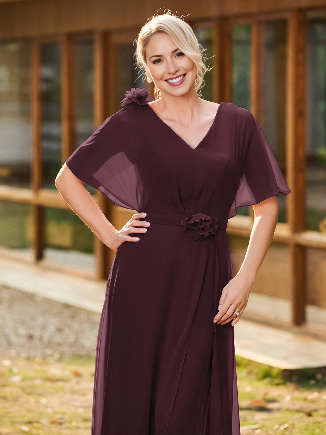 Chiffon V-Neck Mother of the Bride Dress, Short Flutter Sleeve Formal Evening Gown