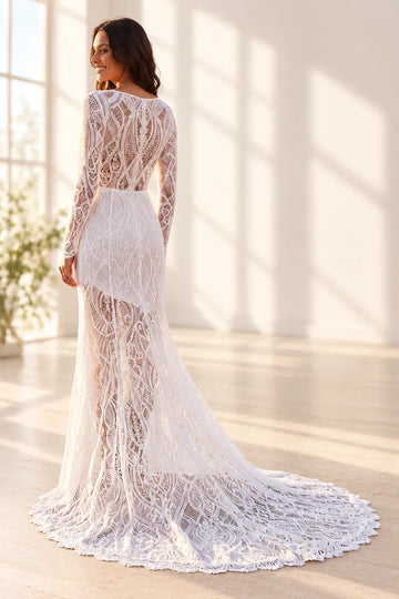 Bohemian Lace Trumpet Illusion-Neck Long-Sleeve Illusion-Back Floor-Length Wedding Dress