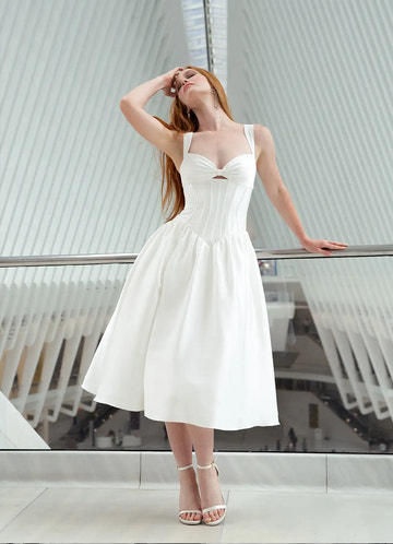 Aline Sweetheart Sleeveless Satin Midi Length Split Laceup Corset Dropped Waist Party Dress