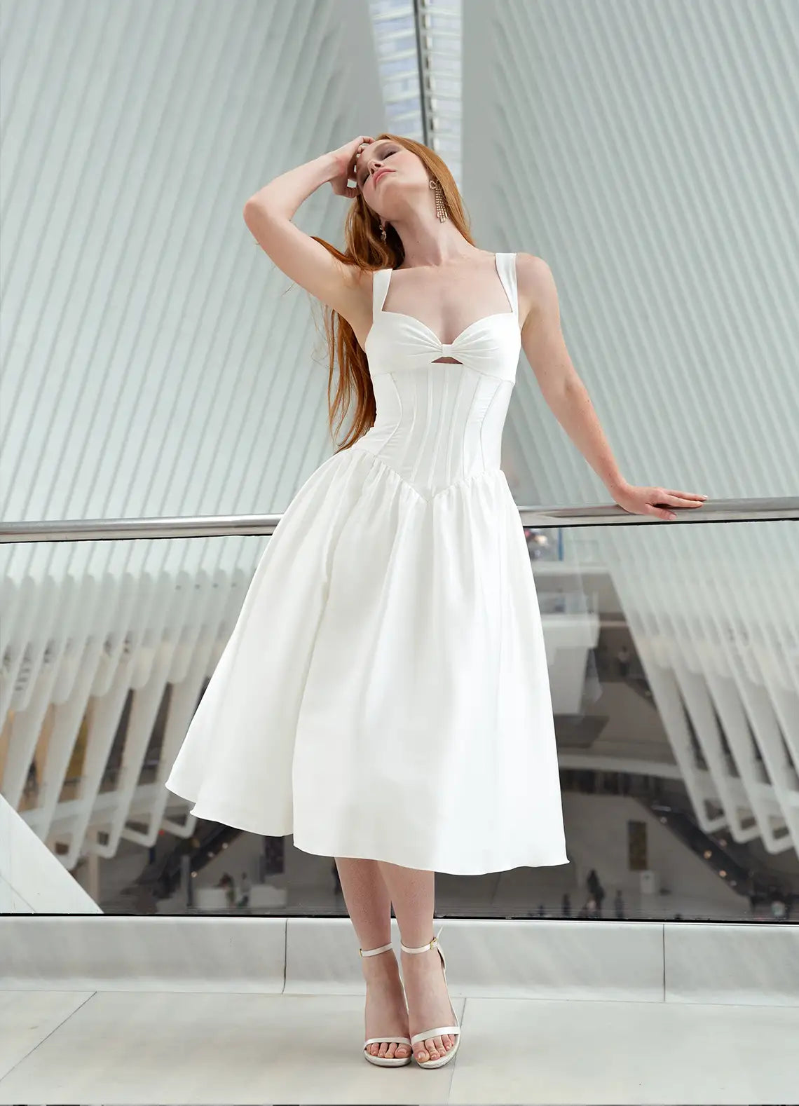 Aline Sweetheart Sleeveless Satin Midi Length Split Laceup Corset Dropped Waist Party Dress