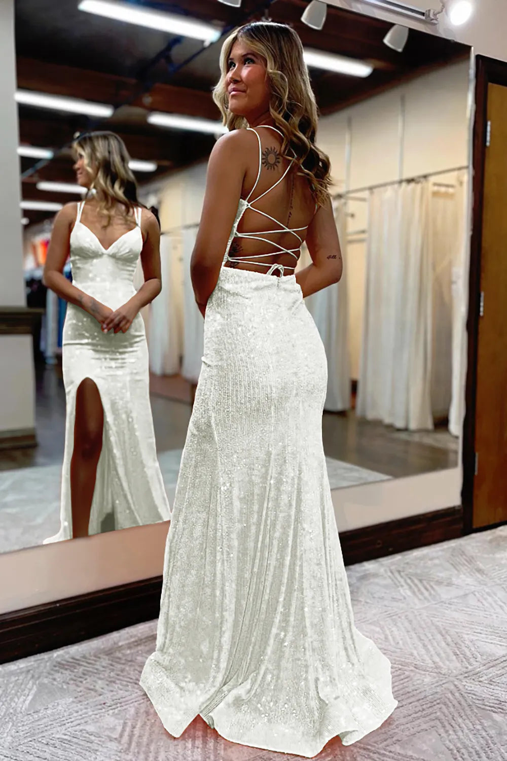 Sheath Plunging V Neck Spaghetti Strap Sequin Lace-Up High Slit Prom Special Occasion Formal Gown