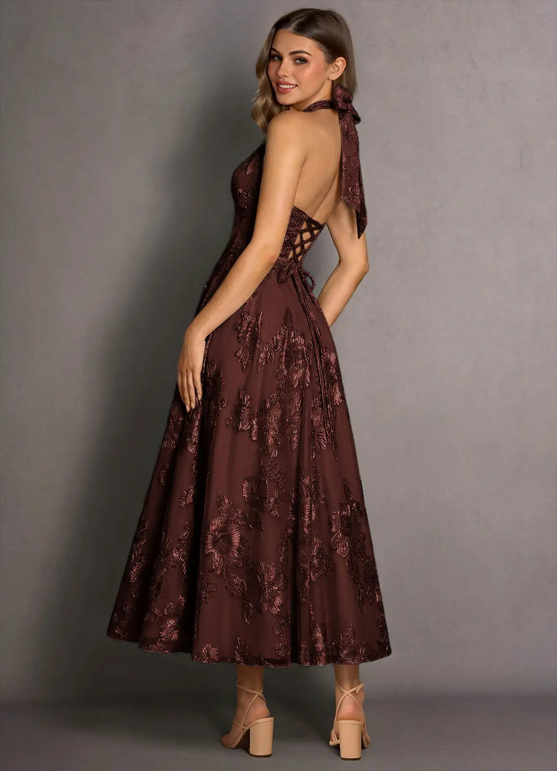 Romantic A-line Halter Sleeveless Lace Midi Lace-up Back Wedding Guest Dress