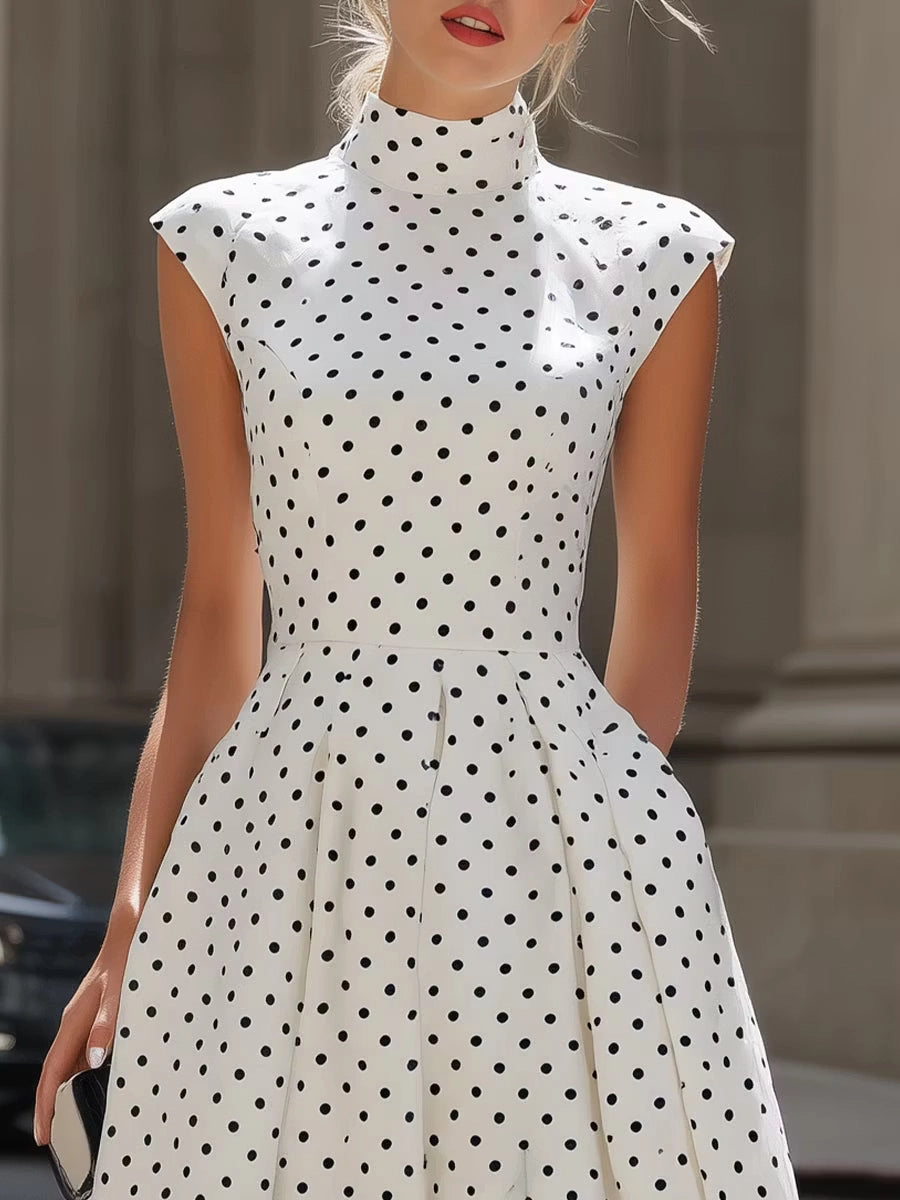 Polka Dot A-line High Neck Cap Sleeve Zipper Back Midi Wedding Guest Dress