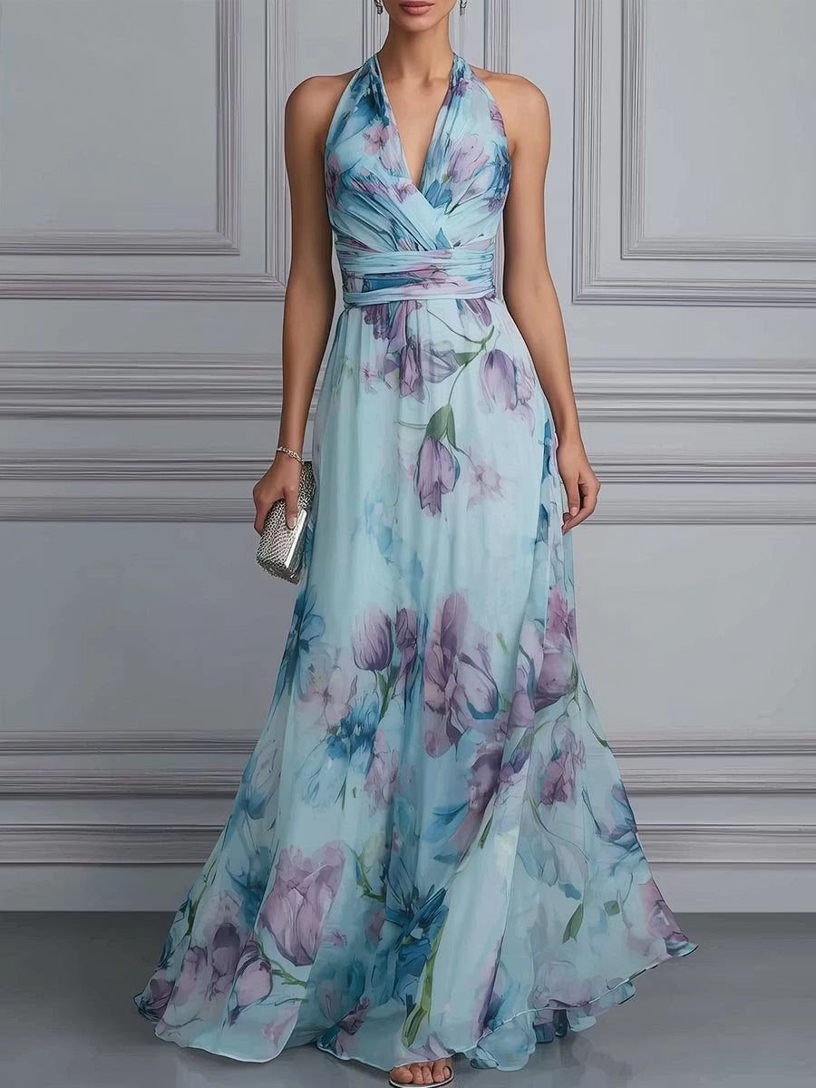 Floral Mermaid Halter Sleeveless Open Back Floor Length Bridesmaid Dress