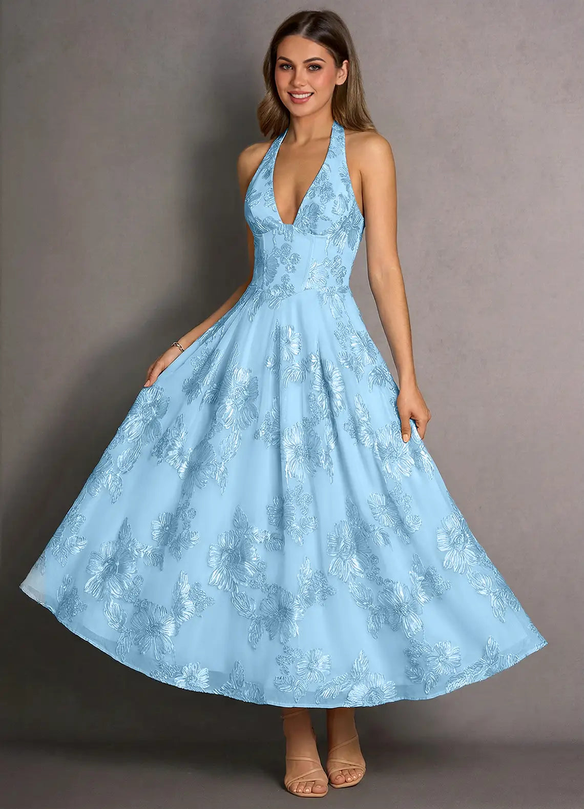 Romantic A-line Halter Sleeveless Lace Midi Lace-up Back Wedding Guest Dress