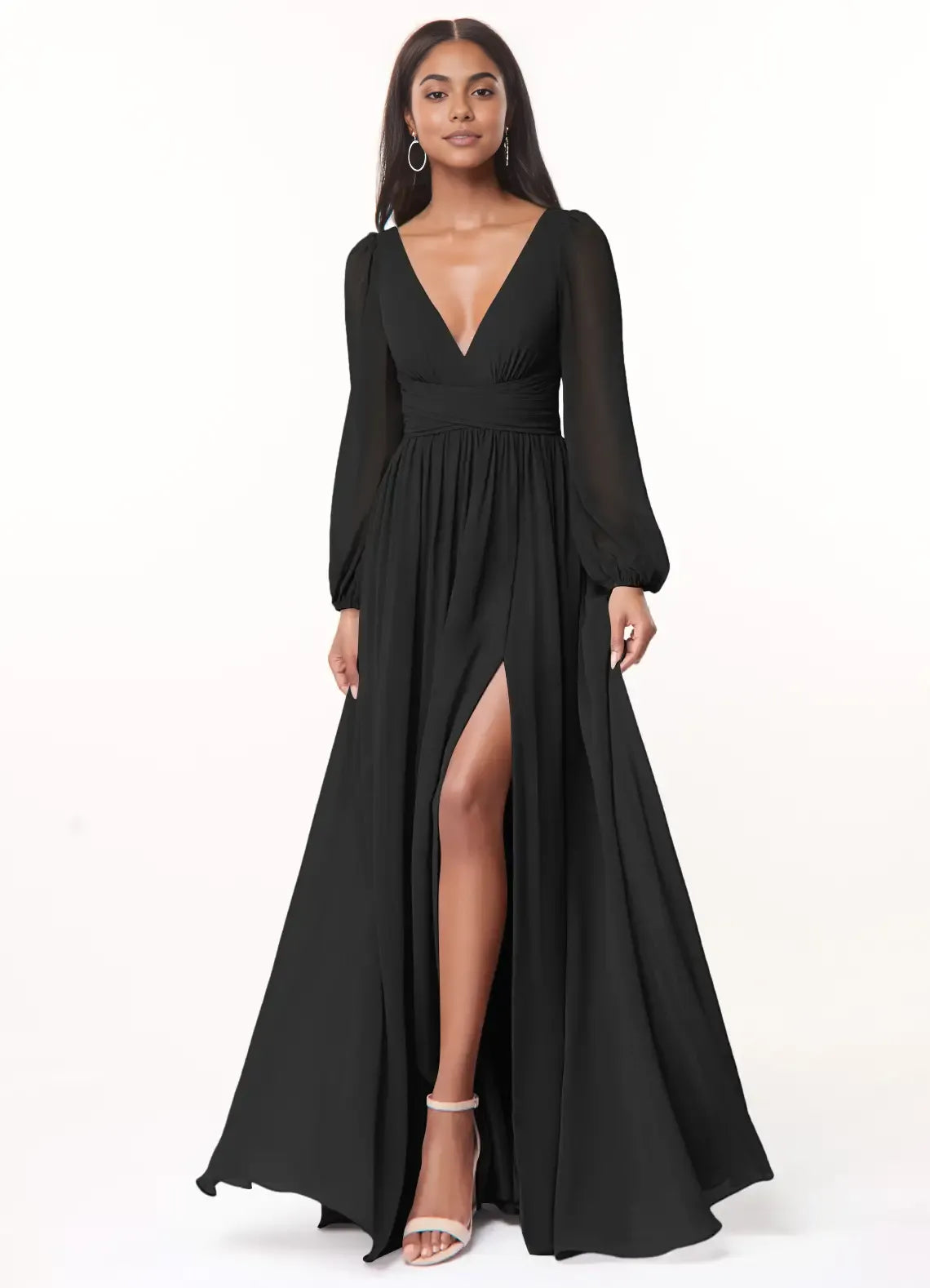 A-Line/Princess Chiffon Plunging Neck Long Sleeves Bridesmaid Dresses Wedding Guest Dresses With Slit