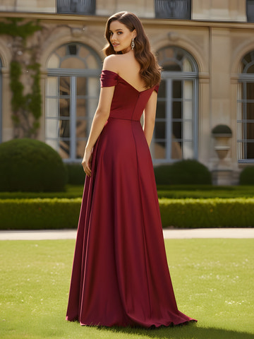 Burgundy Off-the-Shoulder Satin Bridesmaid Dress with High Slit Formal Evening Gown