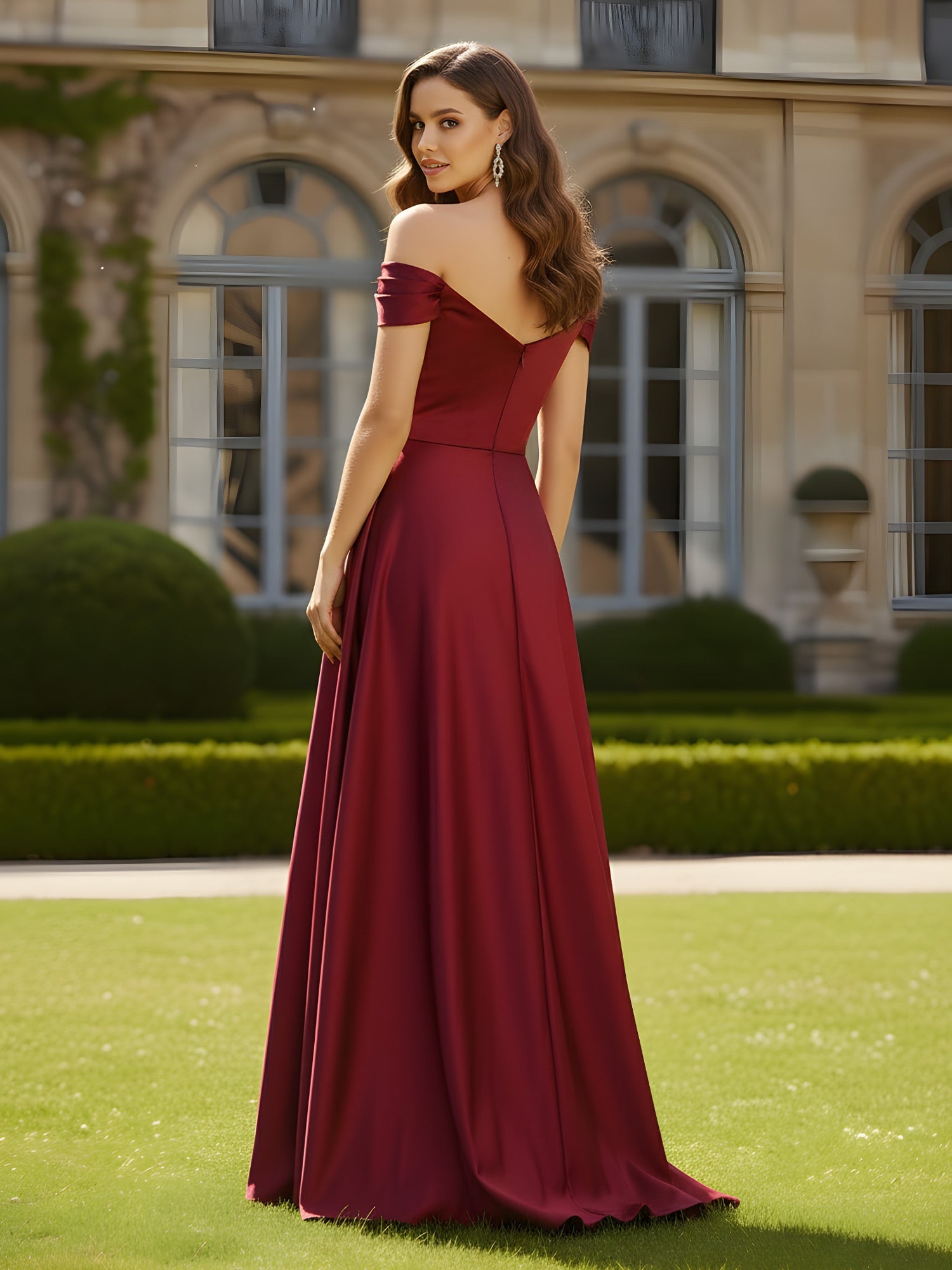 Burgundy Off-the-Shoulder Satin Bridesmaid Dress with High Slit Formal Evening Gown