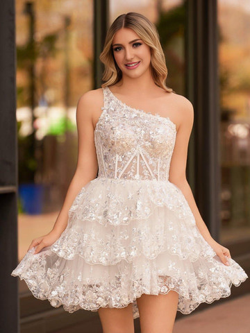 2026 New One Shoulder Navy Tiered Lace  A Line Short Homecoming Dress