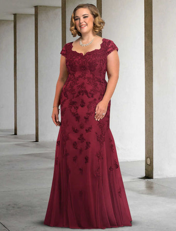 Lace Mermaid Mother of the Bride Dress | V-Neck Cap Sleeve Formal Evening Gown