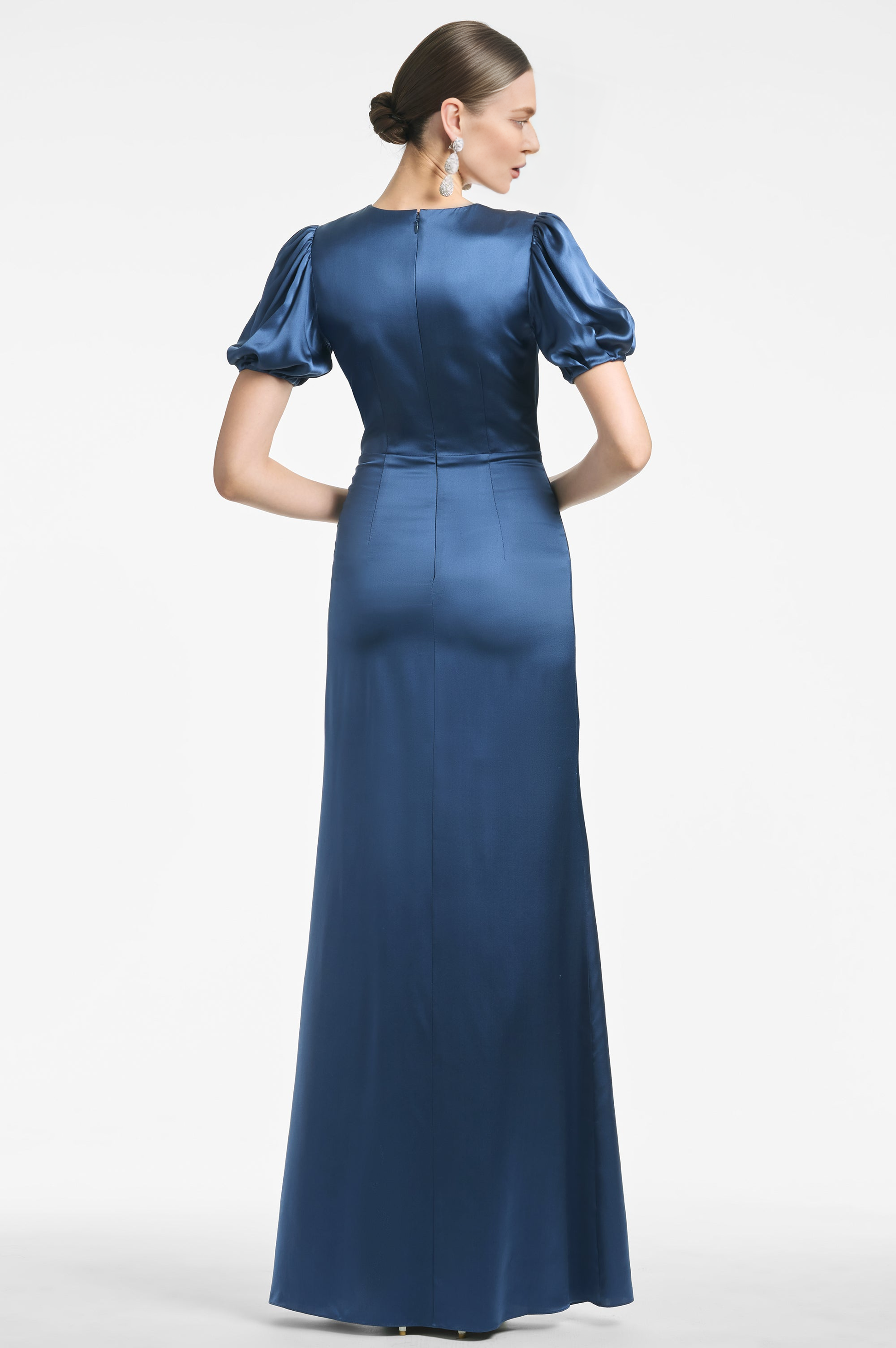 Women's Elegant V-Neck Puff Sleeve Gown with Asymmetric Ruffle Detail