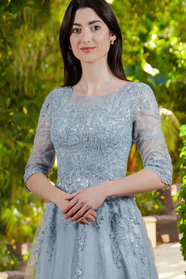Dusty Blue Half-Sleeve Lace & Sequin Evening Gown - Elegant Formal Maxi Dress