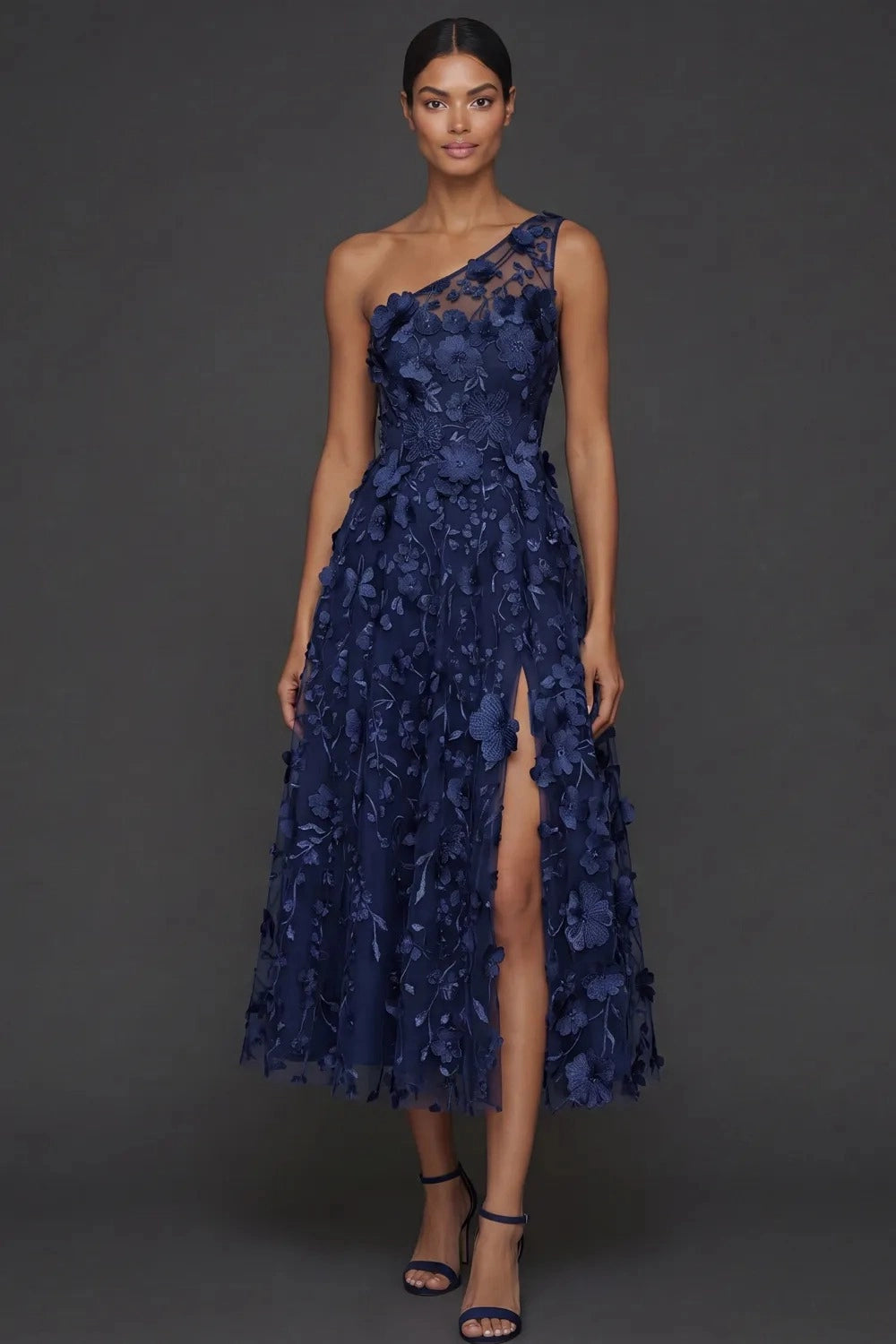 Romantic A Line One Shoulder 3D Floral Sleeveless Midi Wedding Guest Dress