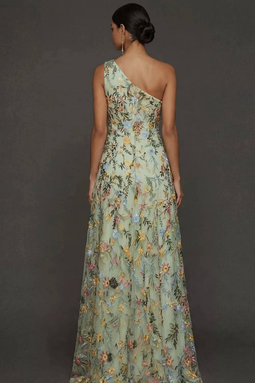 Romantic Floral Embroidered A-Line One Shoulder Sleeveless Backless Long Prom Dress