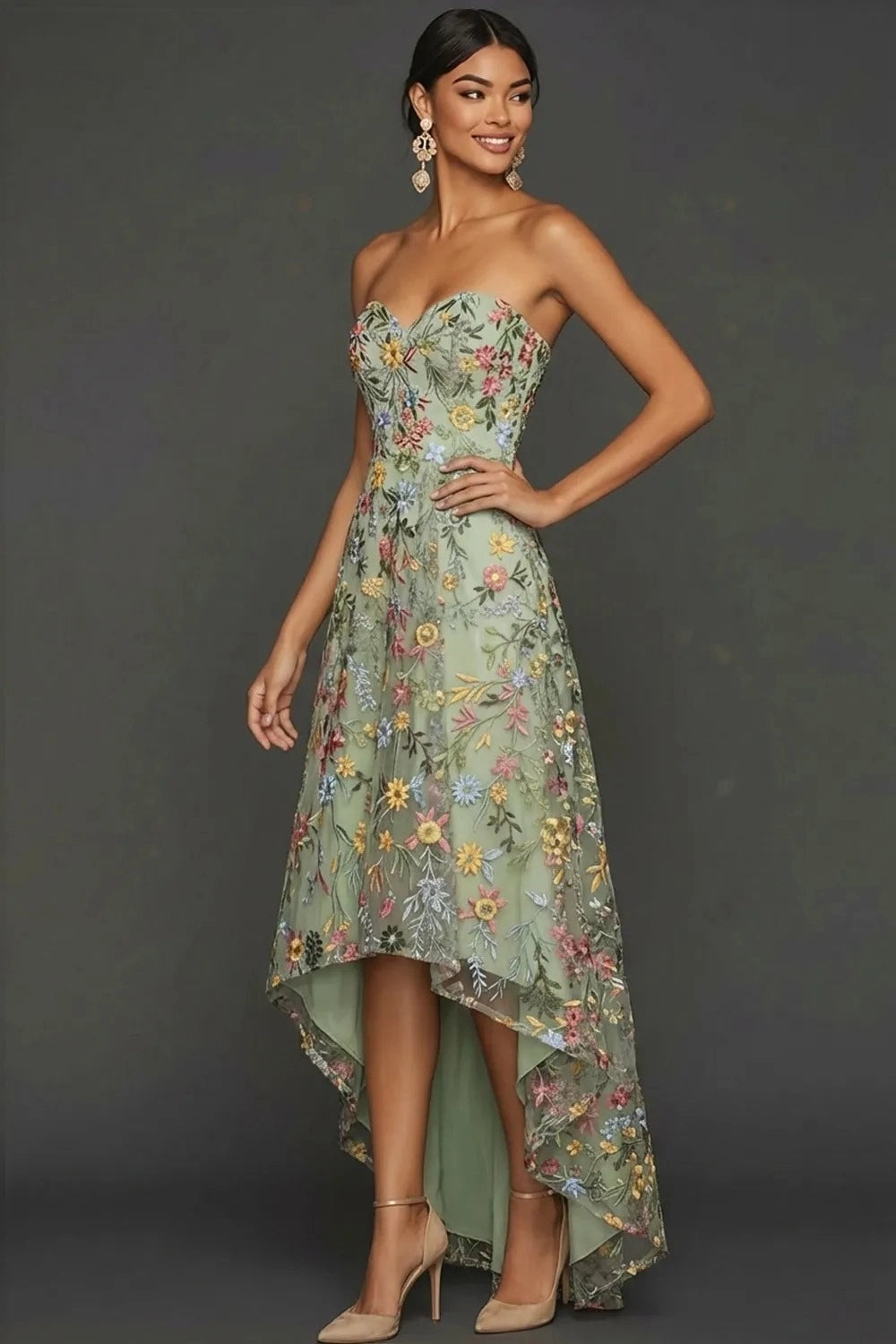Romantic A Line Sweetheart Strapless Floral Embroidered High Low Wedding Guest Dress