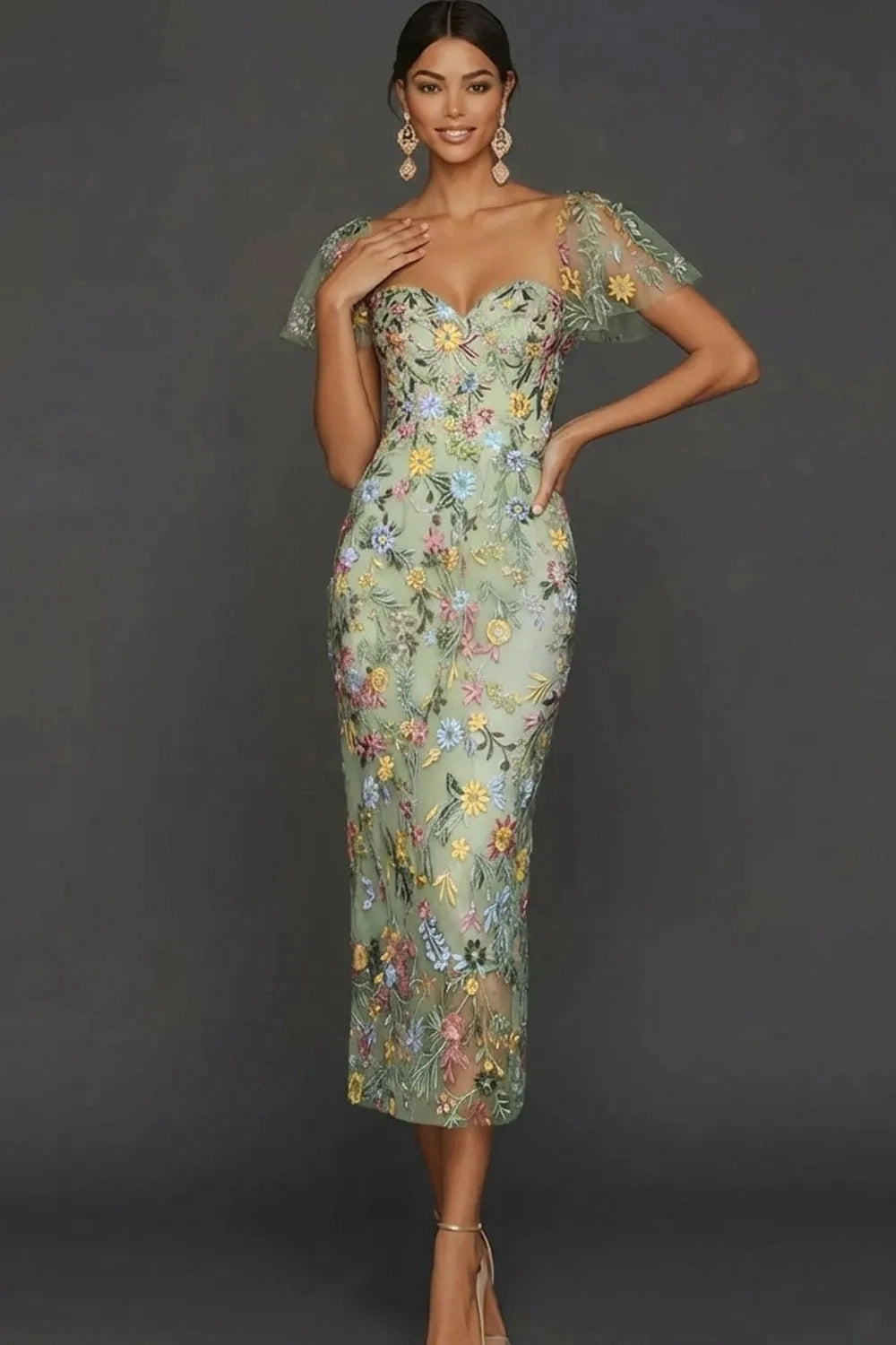 Elegant Floral Embroidered Sheath Sweetheart Flutter Sleeve Midi Wedding Guest Dress