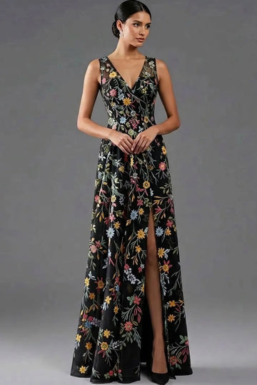 Elegant A Line V Neck Sleeveless Floral Embroidered Slit Floor Length Wedding Guest Dress