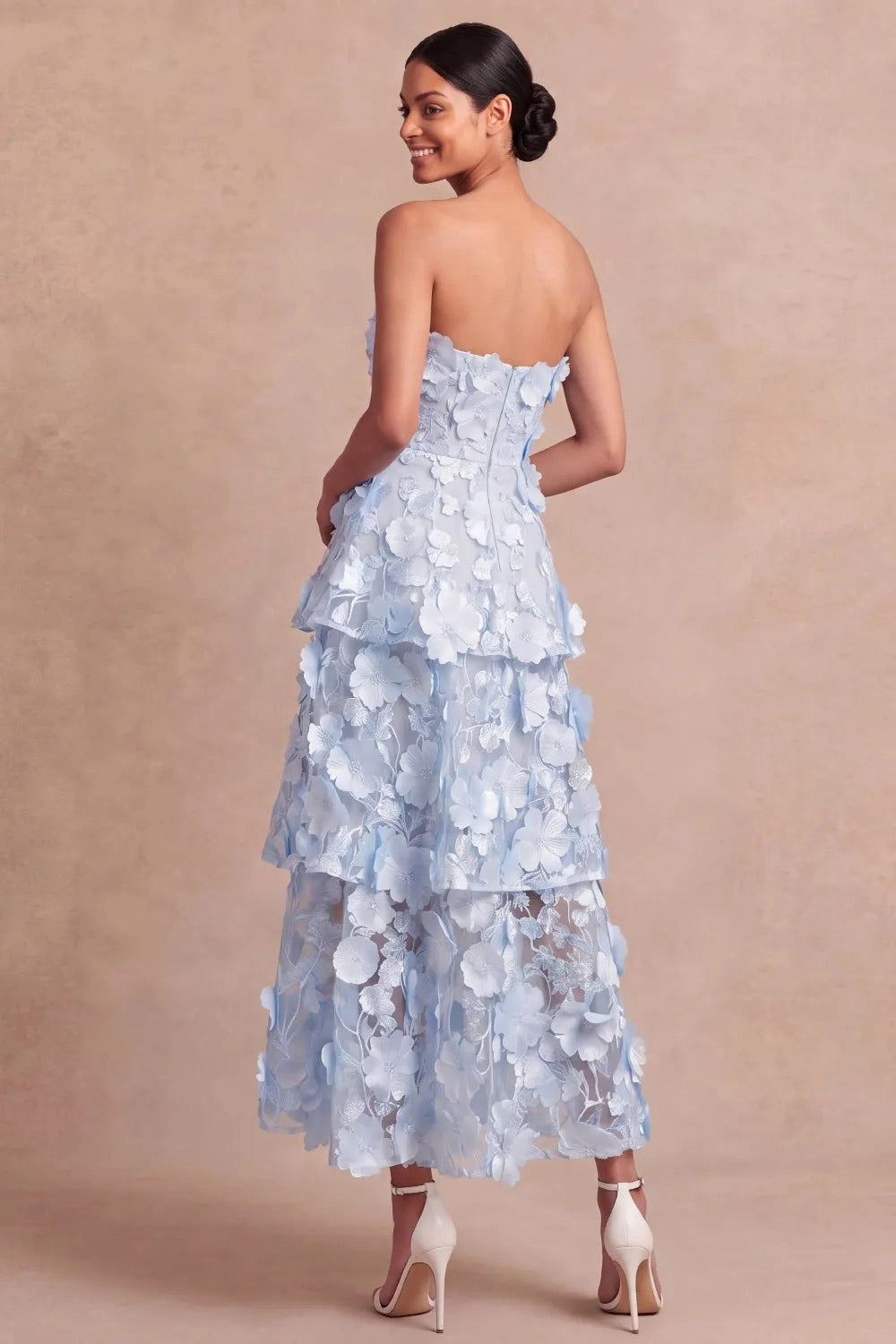 Romantic A Line Strapless 3D Floral Tiered Maxi Wedding Guest Dress