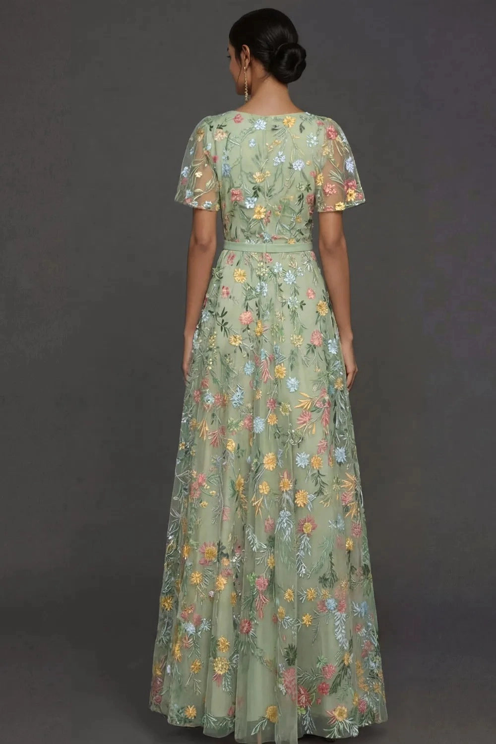 Romantic Floral Embroidered A-Line V-Neck Flutter Sleeve Long Wedding Guest Dress