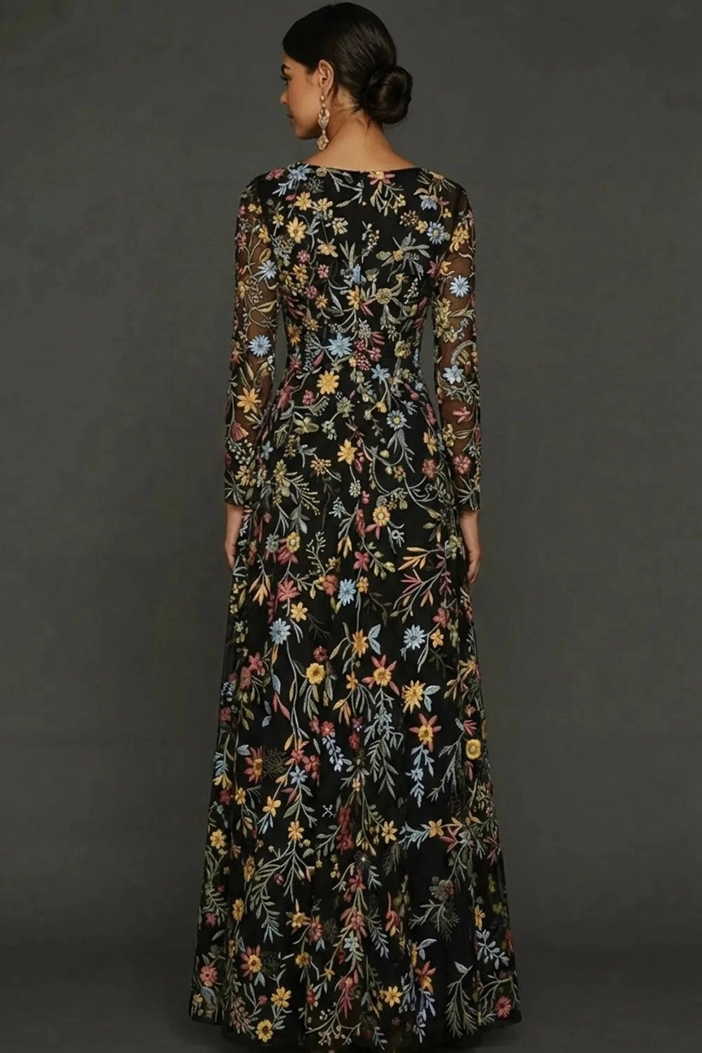 Elegant A Line V Neck Long Sleeve Floral Embroidered Floor Length Wedding Guest Dress