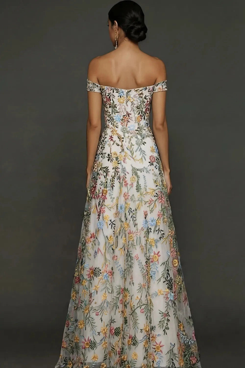 Romantic A Line Sweetheart Off Shoulder Floral Embroidered Floor Length Wedding Guest Dress