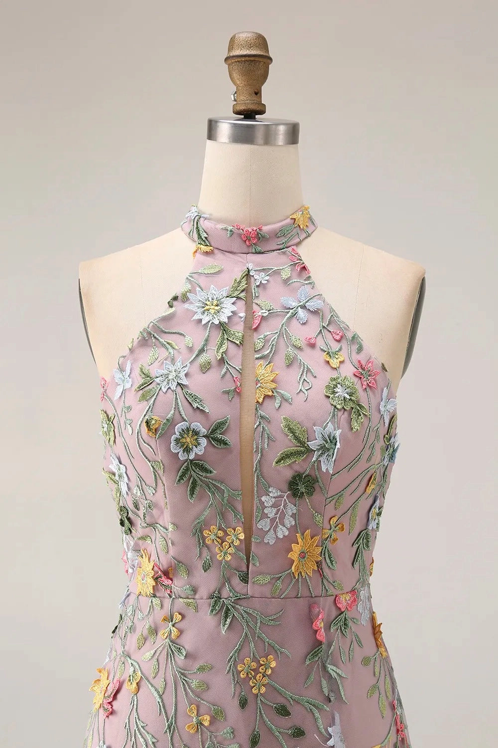 Romantic Floral Embroidered A-Line Halter Sleeveless Backless Long Wedding Guest Dress