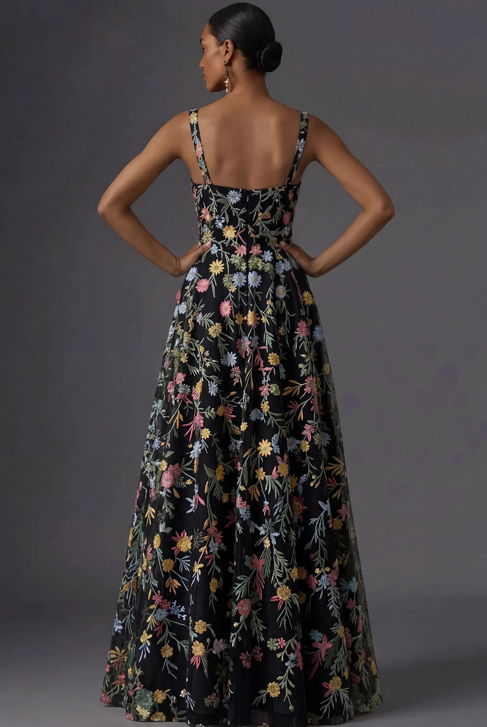 Romantic Floral Embroidered A-Line Square Neck Sleeveless Low Back Wedding Guest Dress