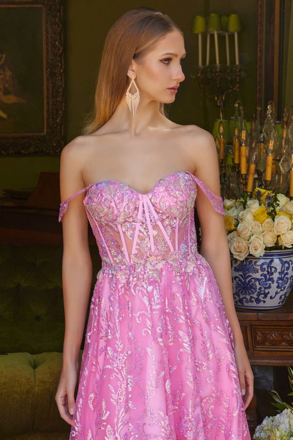 A-Line Dress Luxury Hot Pink Off-the-Shoulder Beaded Corset Bodice Sequin Embroidered Tulle