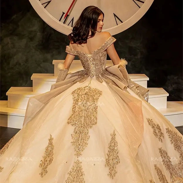 Champagne Gold Lace Ball Gown Off Shoulder Corset Bow Train Quinceañera Dress