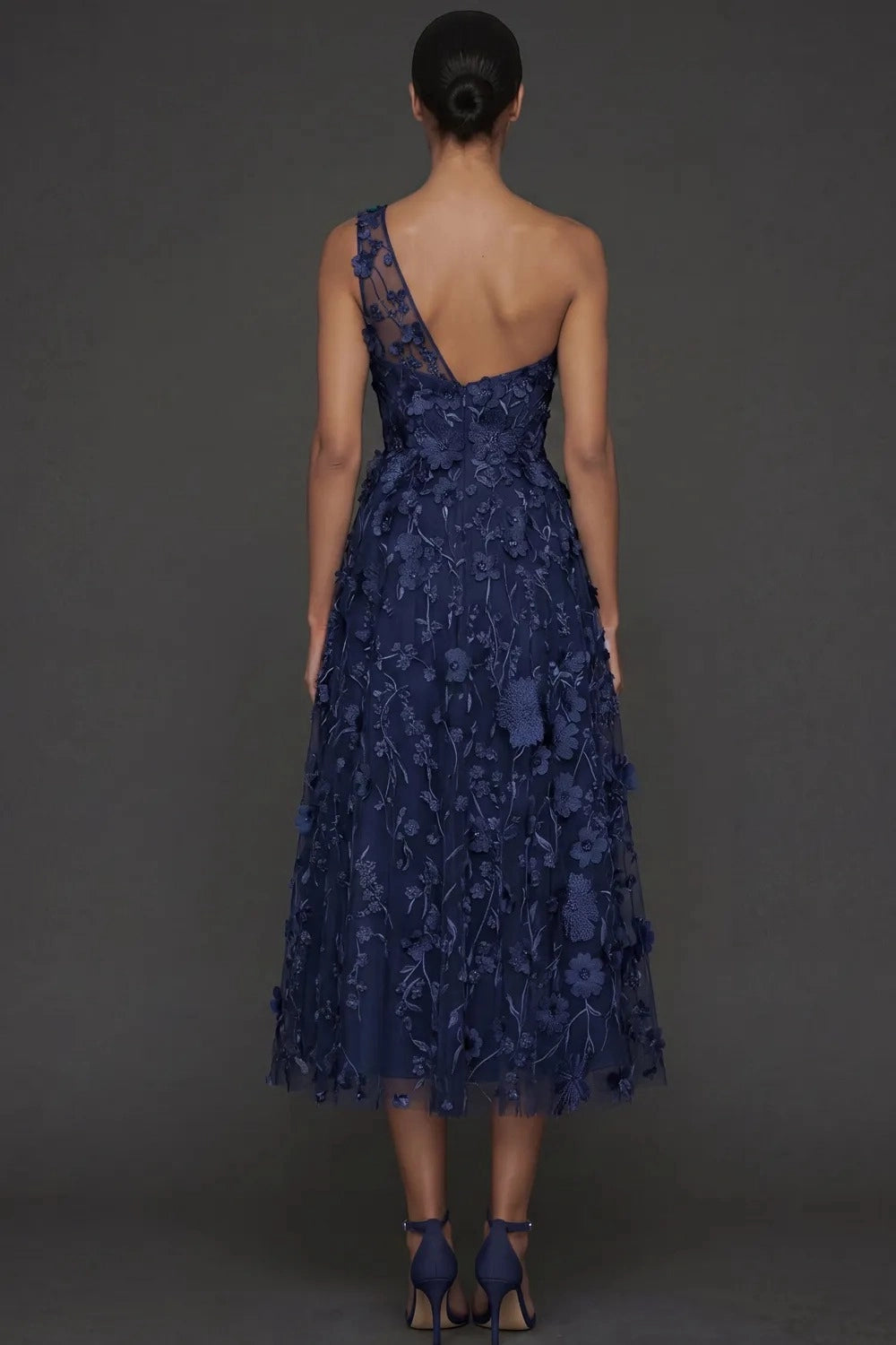 Romantic A Line One Shoulder 3D Floral Sleeveless Midi Wedding Guest Dress