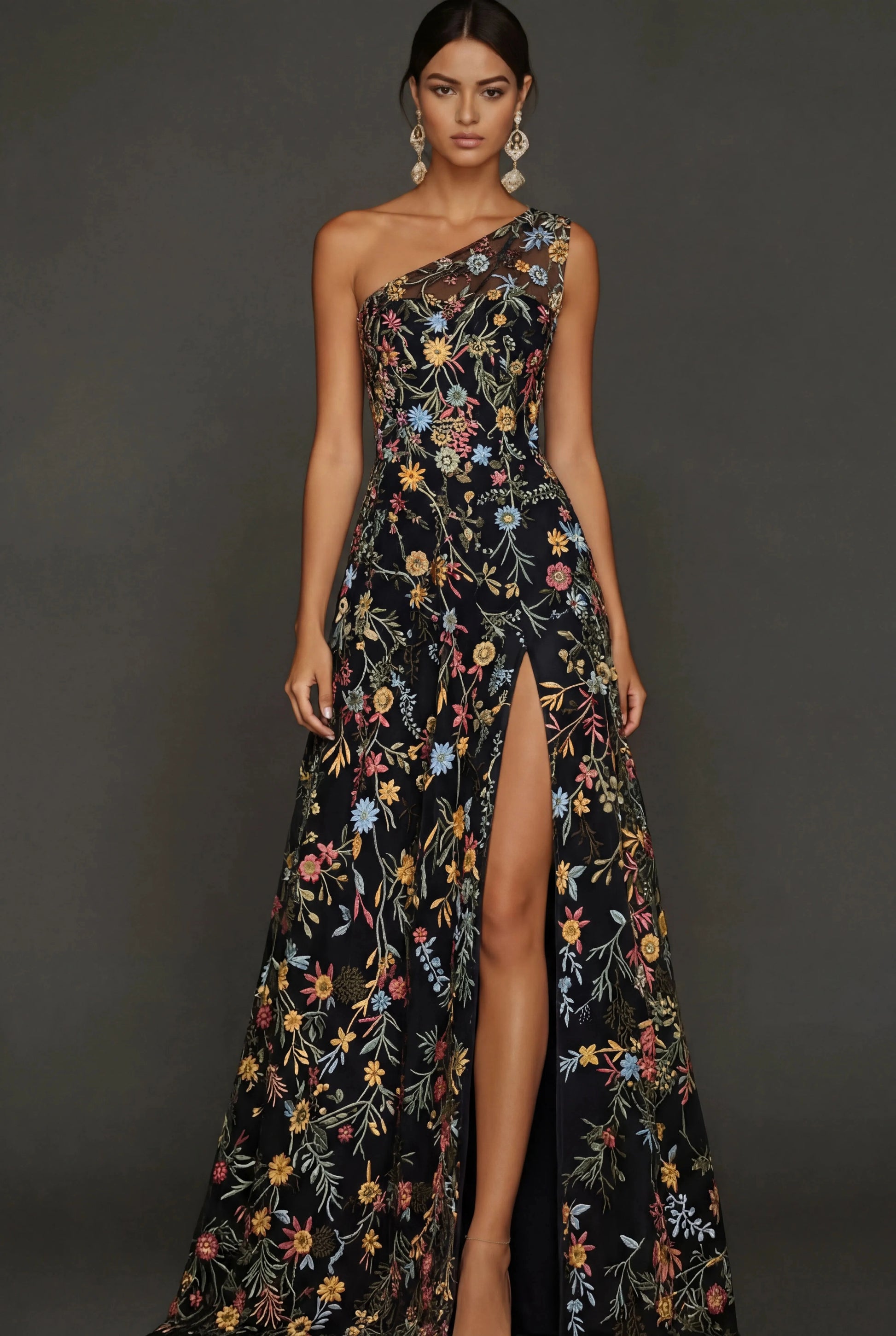 Romantic Floral Embroidered A-Line One Shoulder Sleeveless Backless Long Prom Dress