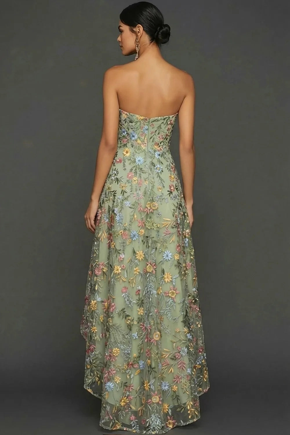 Romantic A Line Sweetheart Strapless Floral Embroidered High Low Wedding Guest Dress