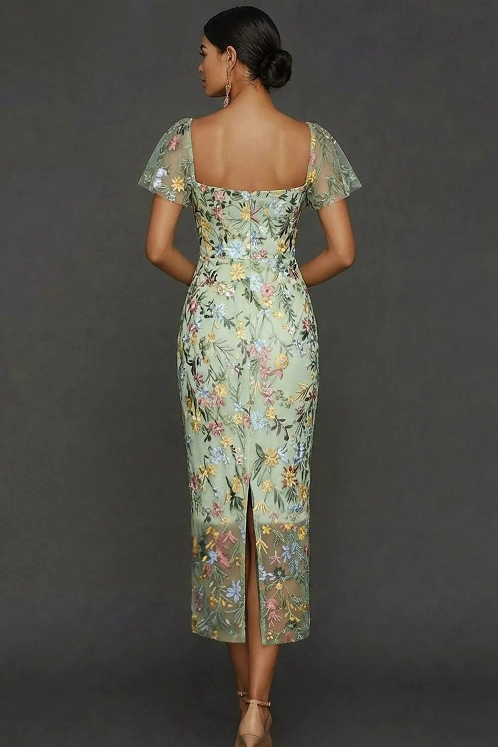 Elegant Floral Embroidered Sheath Sweetheart Flutter Sleeve Midi Wedding Guest Dress