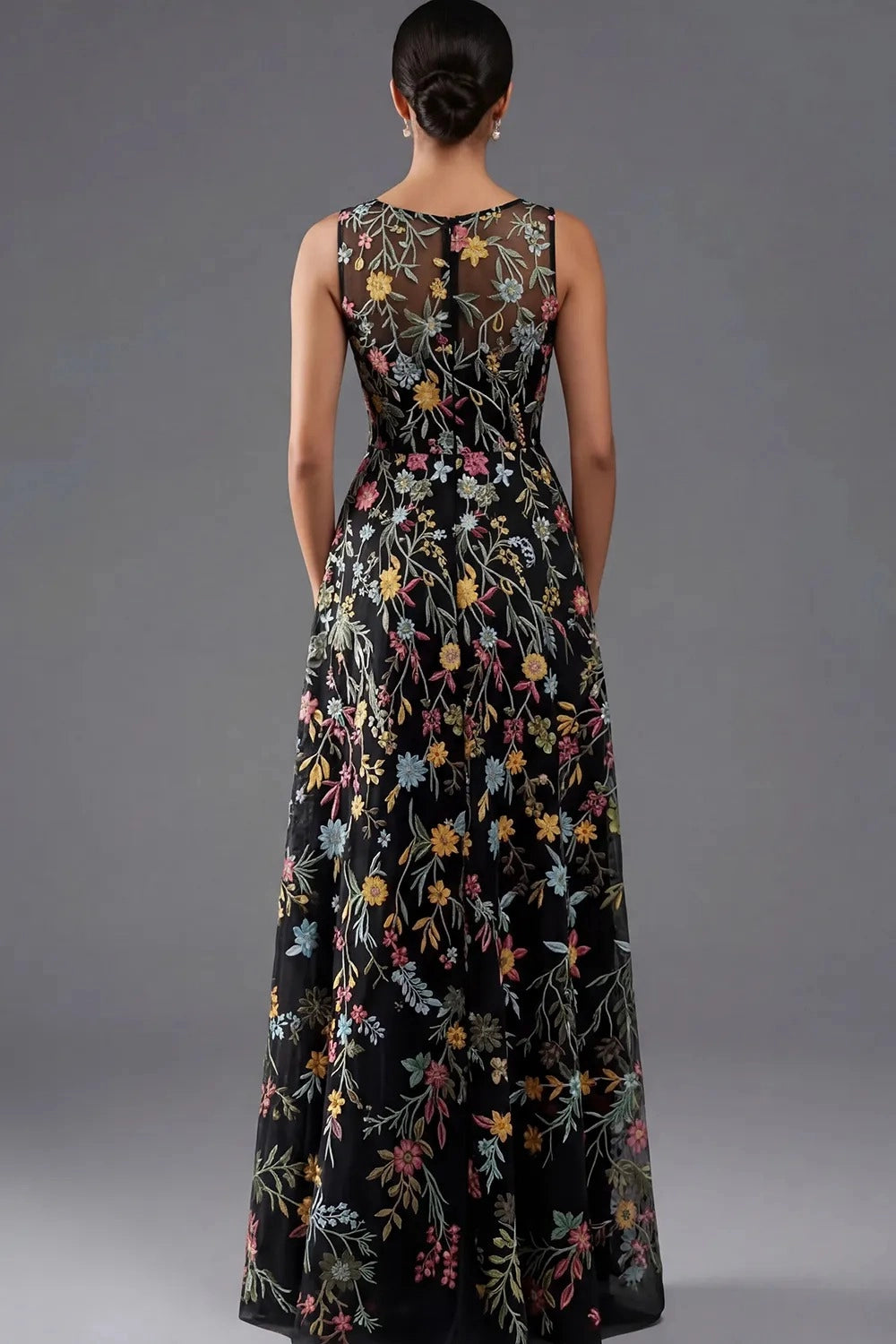 Elegant A Line V Neck Sleeveless Floral Embroidered Slit Floor Length Wedding Guest Dress