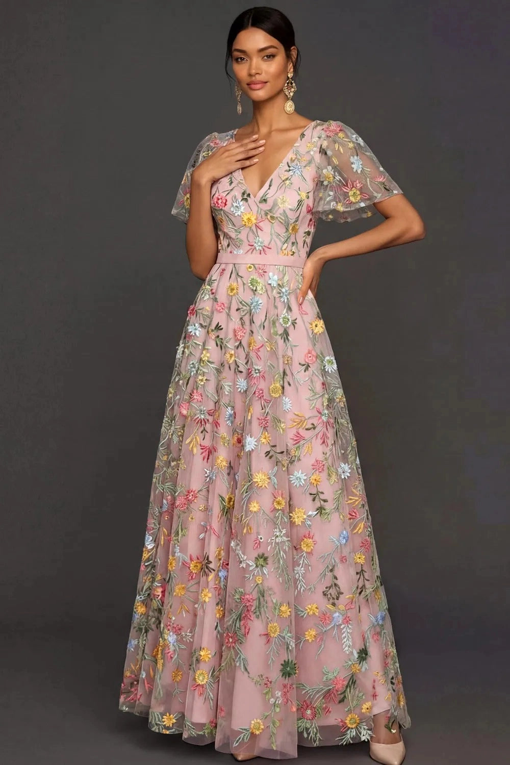 Romantic Floral Embroidered A-Line V-Neck Flutter Sleeve Long Wedding Guest Dress