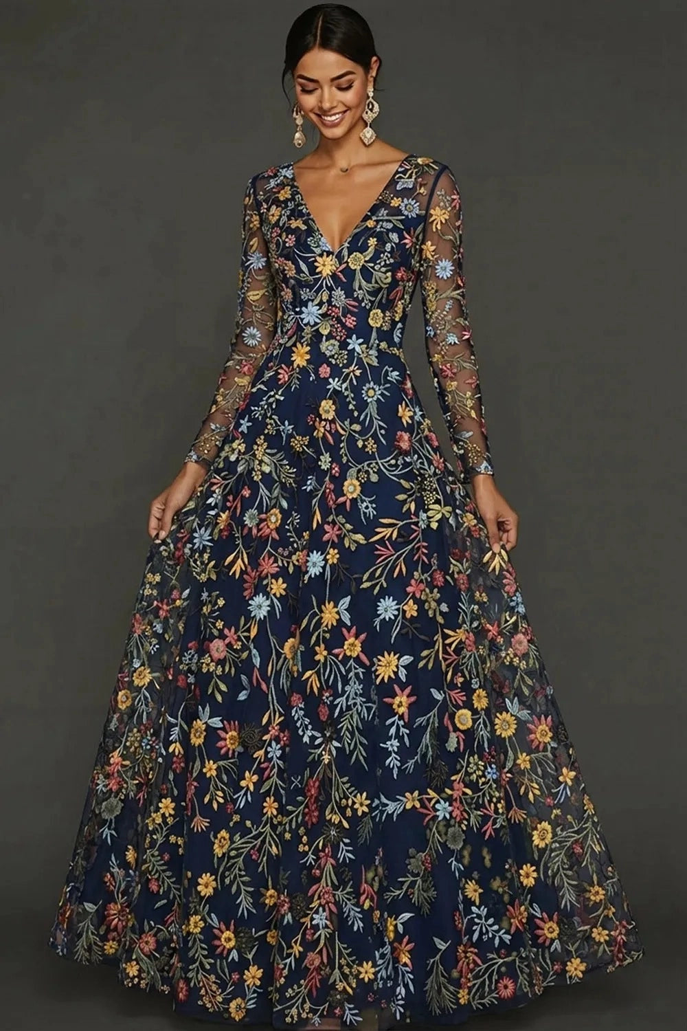 Elegant A Line V Neck Long Sleeve Floral Embroidered Floor Length Wedding Guest Dress