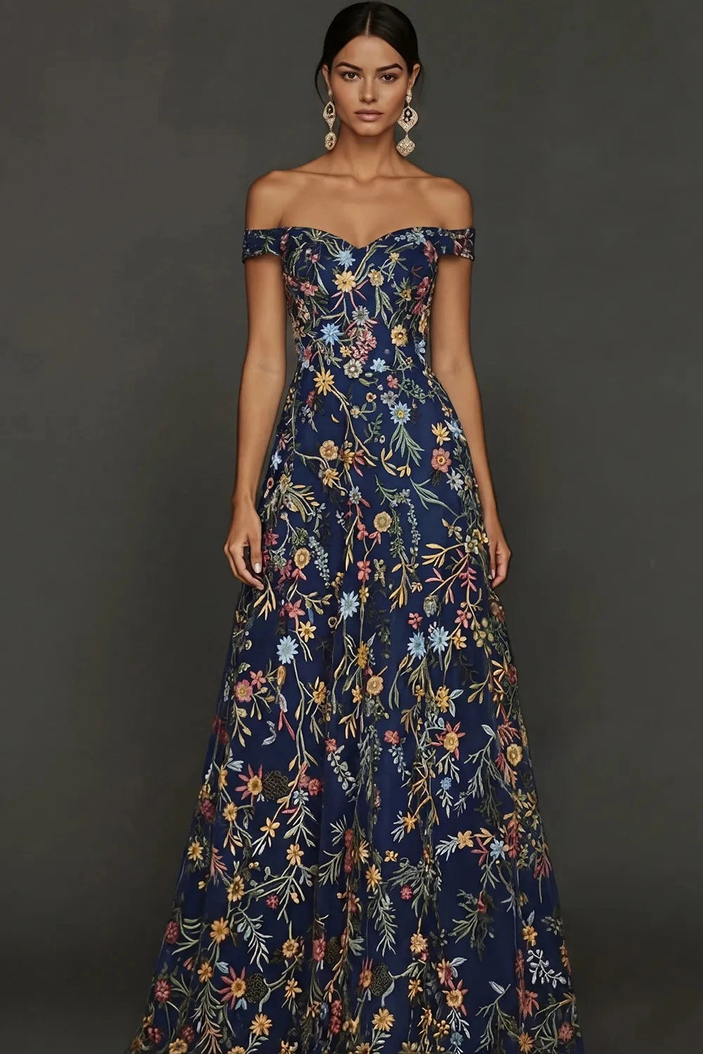 Romantic A Line Sweetheart Off Shoulder Floral Embroidered Floor Length Wedding Guest Dress