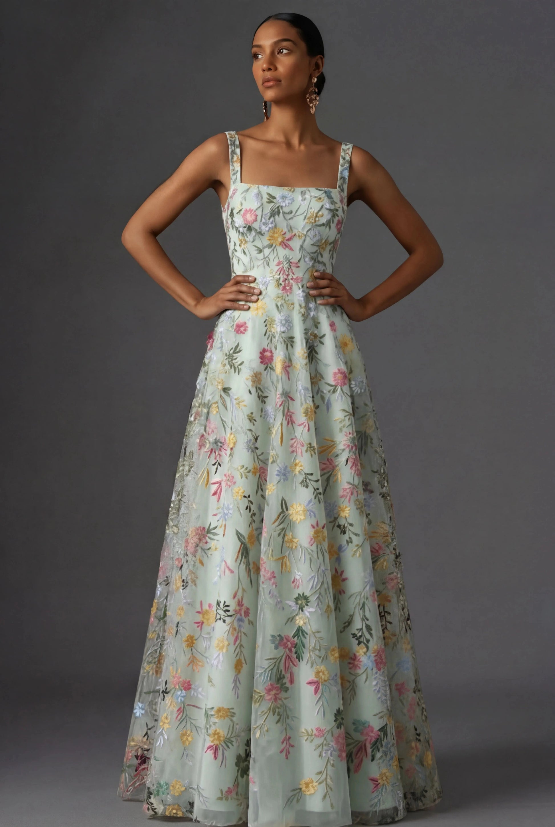 Romantic Floral Embroidered A-Line Square Neck Sleeveless Low Back Wedding Guest Dress