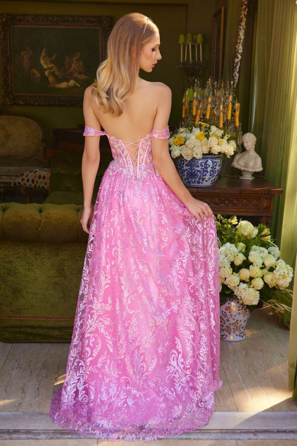 Back view of off-shoulder glitter tulle prom gown with open lace-up back, corset bodice, embroidered tulle skirt, and floor-length A-line silhouette by VEDRESS