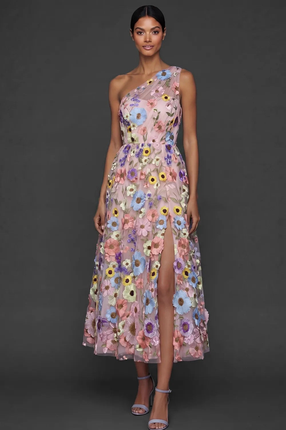 Romantic A Line One Shoulder 3D Floral Sleeveless Midi Wedding Guest Dress