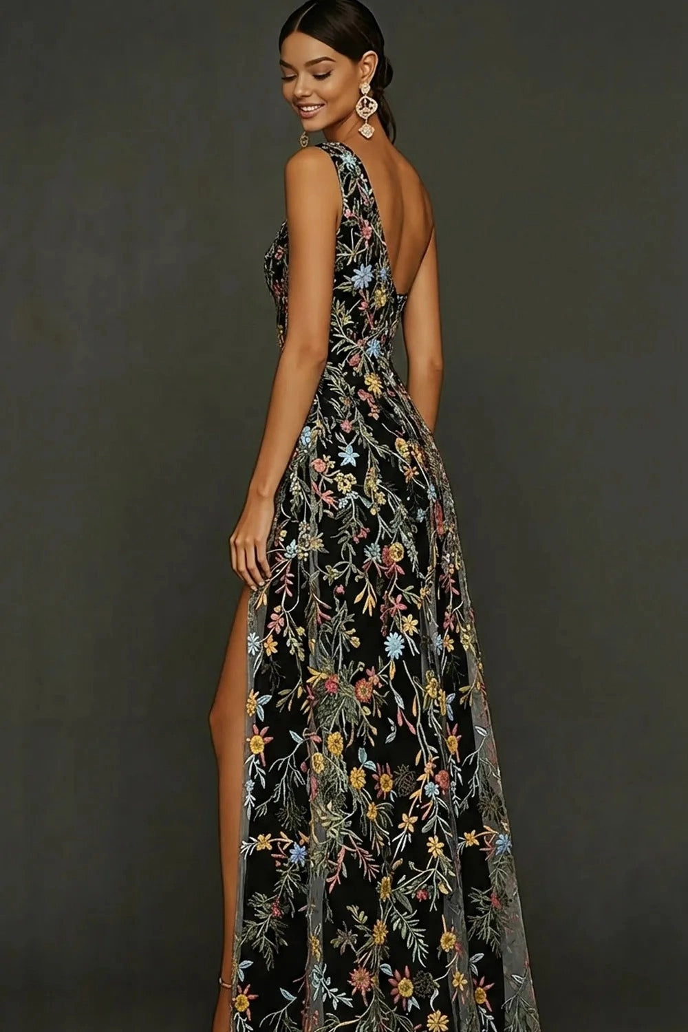 Romantic Floral Embroidered A-Line One Shoulder Sleeveless Backless Long Prom Dress