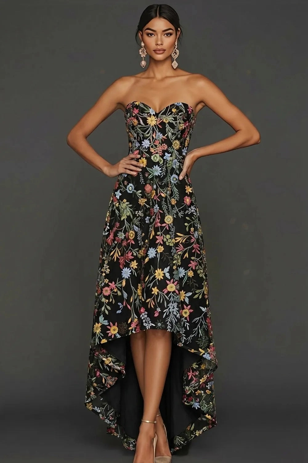 Romantic A Line Sweetheart Strapless Floral Embroidered High Low Wedding Guest Dress