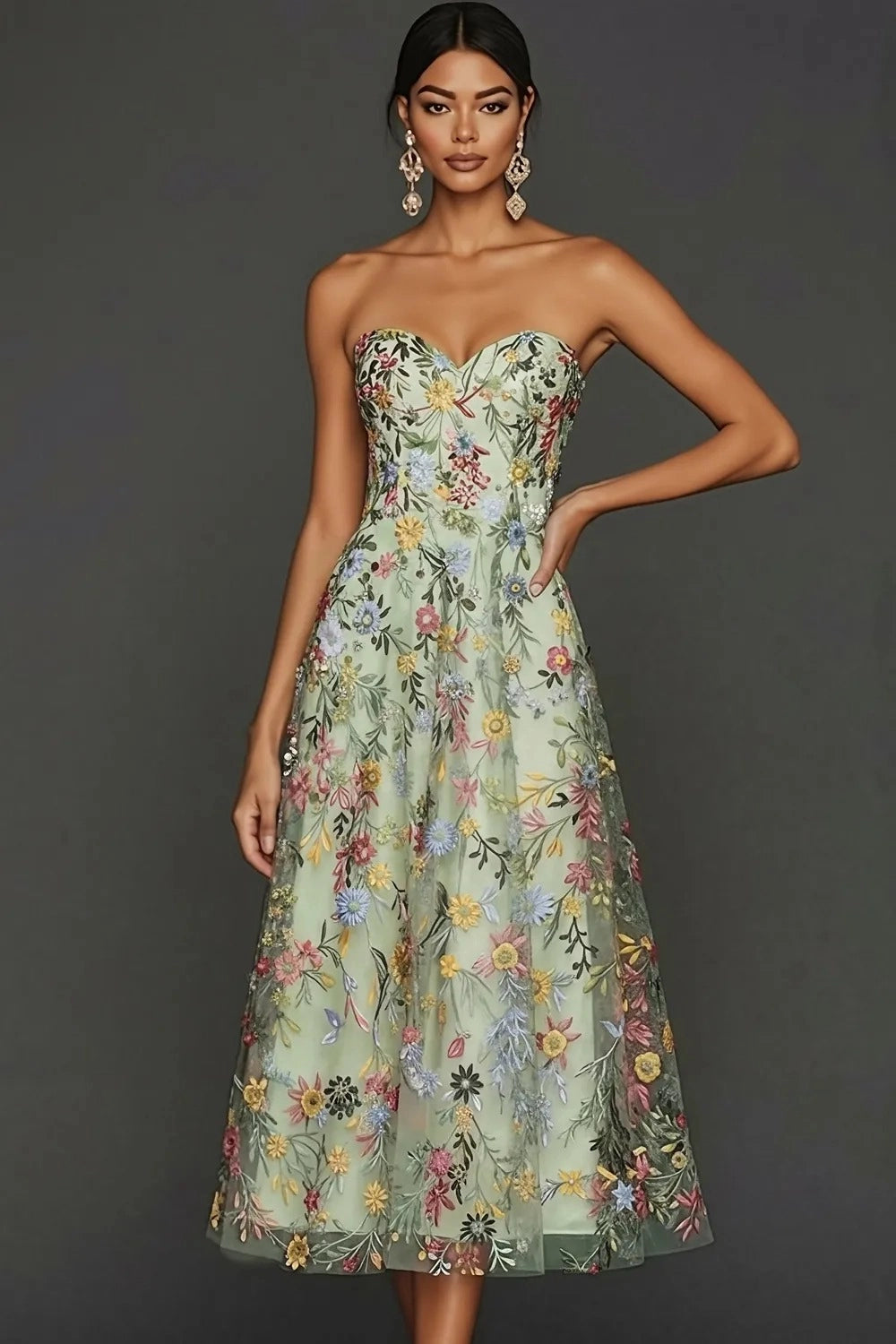 Romantic Floral Embroidered A-Line Sweetheart Strapless Backless Midi Wedding Guest Dress