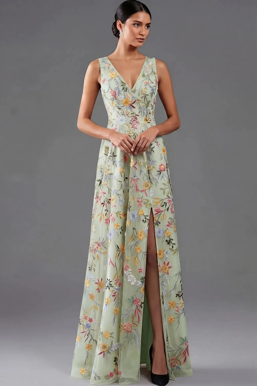 Elegant A Line V Neck Sleeveless Floral Embroidered Slit Floor Length Wedding Guest Dress