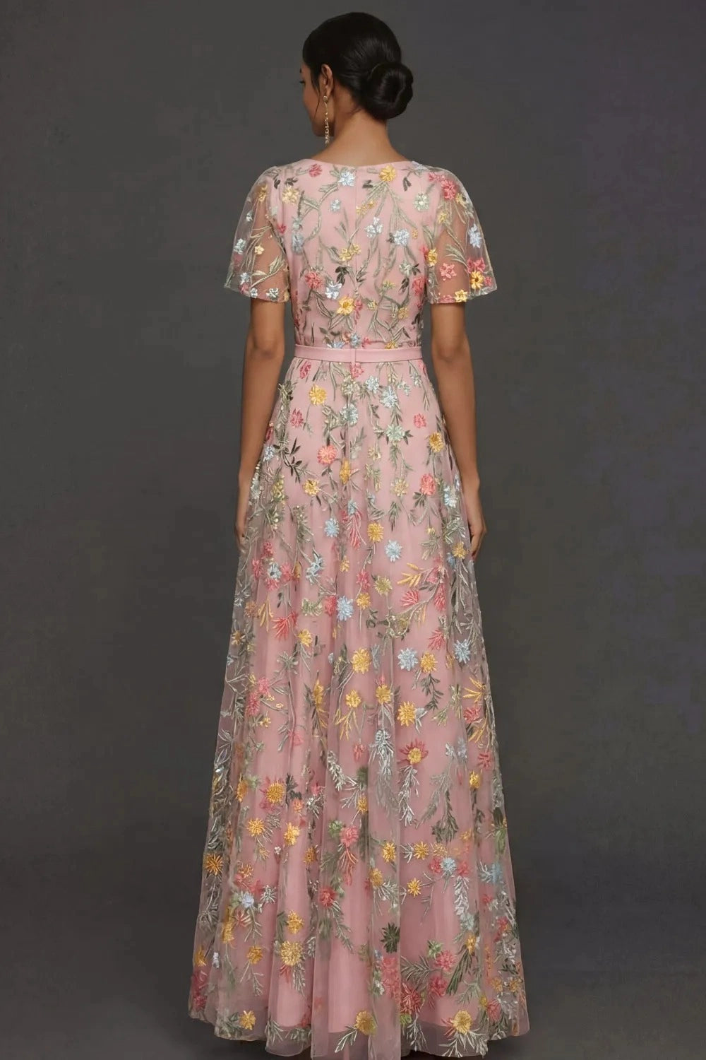 Romantic Floral Embroidered A-Line V-Neck Flutter Sleeve Long Wedding Guest Dress